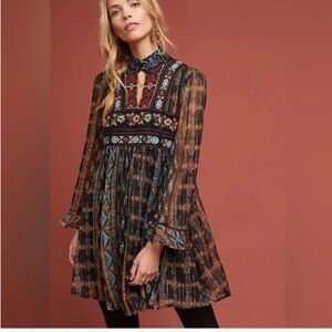 Anthropologie Boho Embroidered Black and Multicolor Dress Size 4